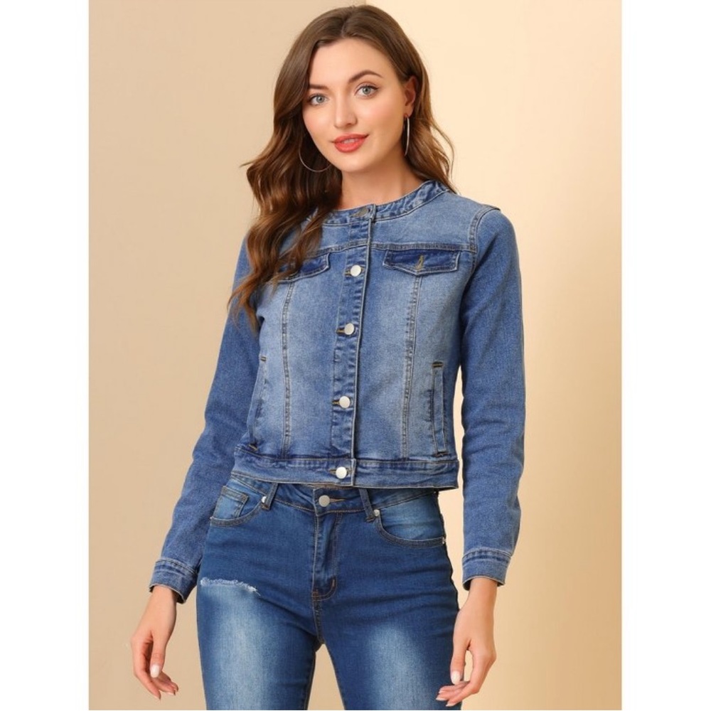 NWT! Allegra K Women's Denim Button Down
Collarless Jean Jacket Blue XL